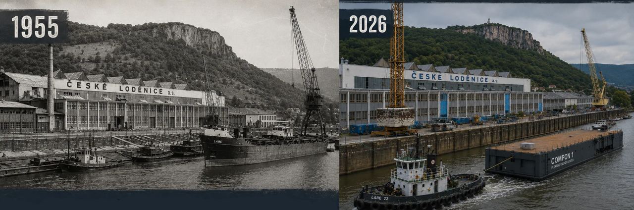 Srovnání roku 1955 a 2026 – ComPon 1 v Děčínské loděnici