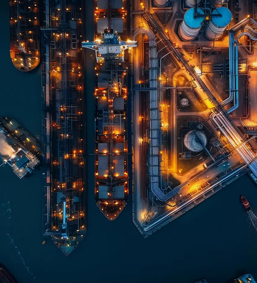 Aerial view of the port industrial area with illuminated ships and pipelines.
