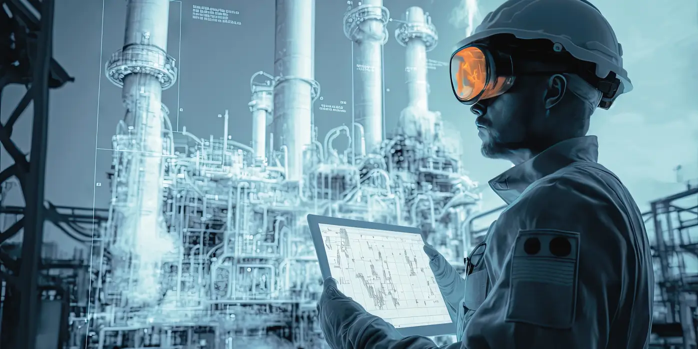 An engineer in protective clothing uses a tablet to monitor an industrial plant, visualizing a digital twin of the manufacturing process in the background.