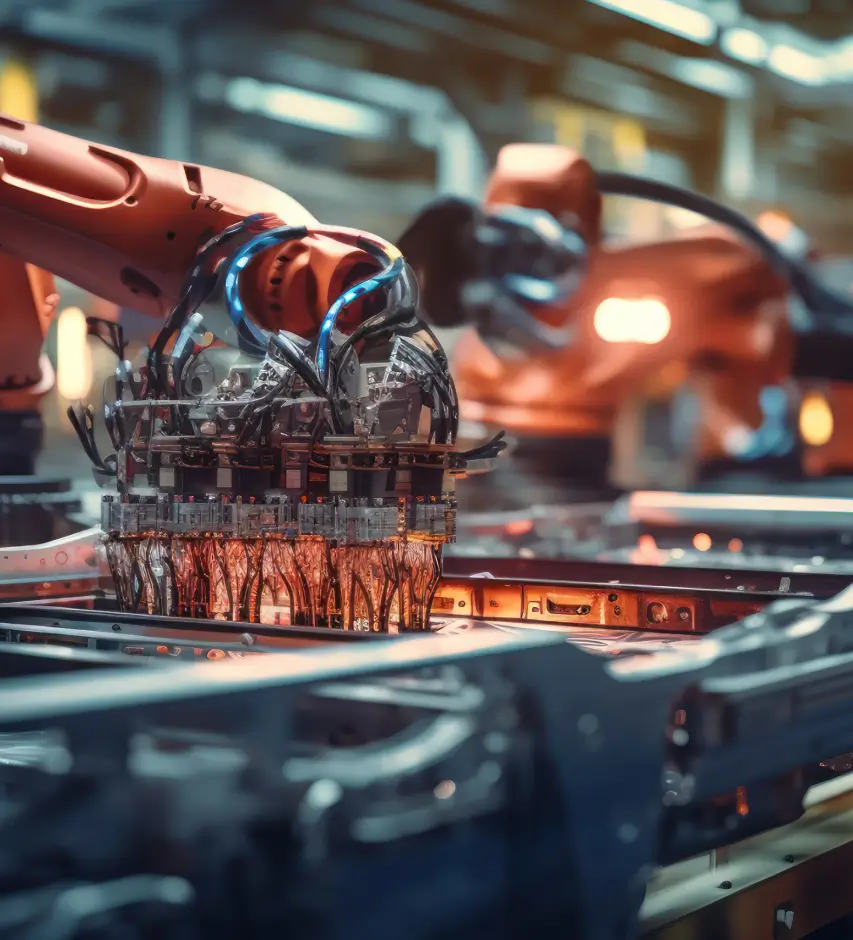 A robotic arm working on a production line in an industrial environment, symbolizing automation and technological advances in electrical engineering processes