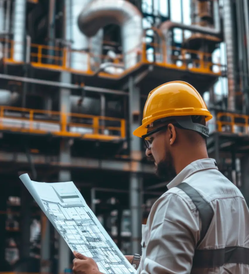 A construction supervisor inspecting plans on the site of an industrial facility.