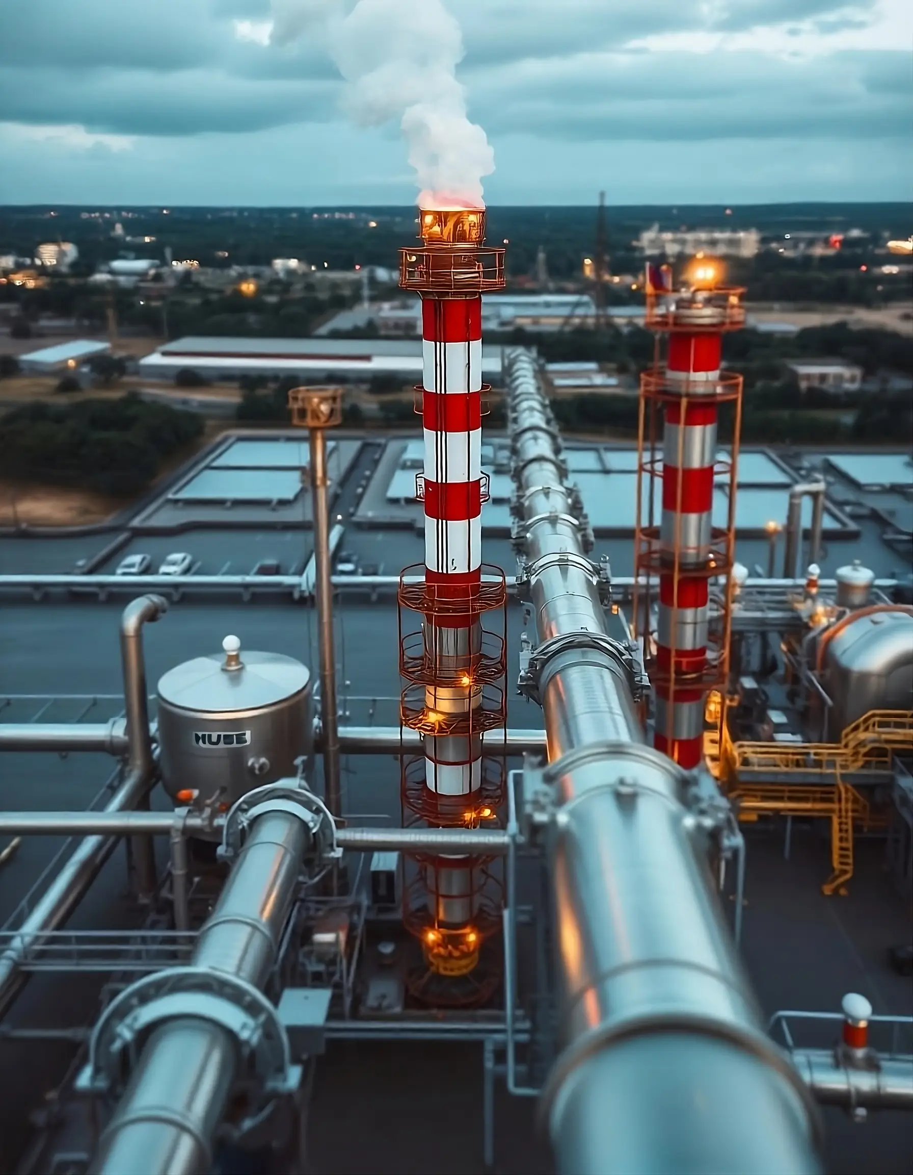 Industrial complex with red and white chimneys and pipeline infrastructure, shown from a bird's eye view.